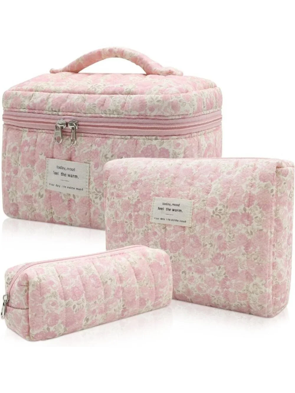Floral Makeup Bag Set - 3pc Quilted Cosmetic Organizer, Cute Travel Toiletry
